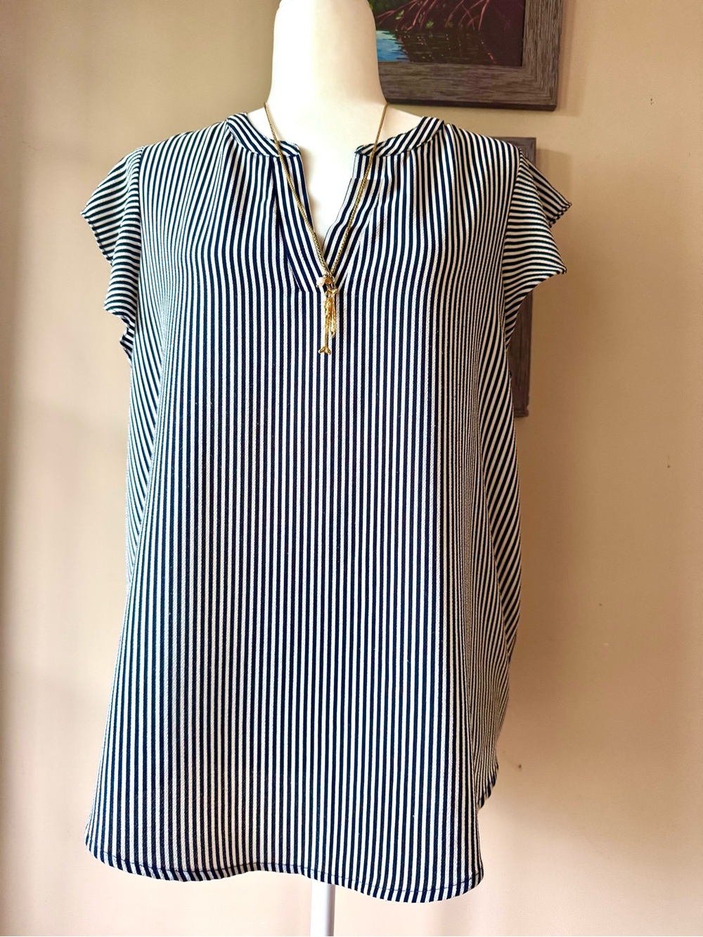 Adrianna Papell Navy and White Vertical Stripe Cap Sleeve Tunic